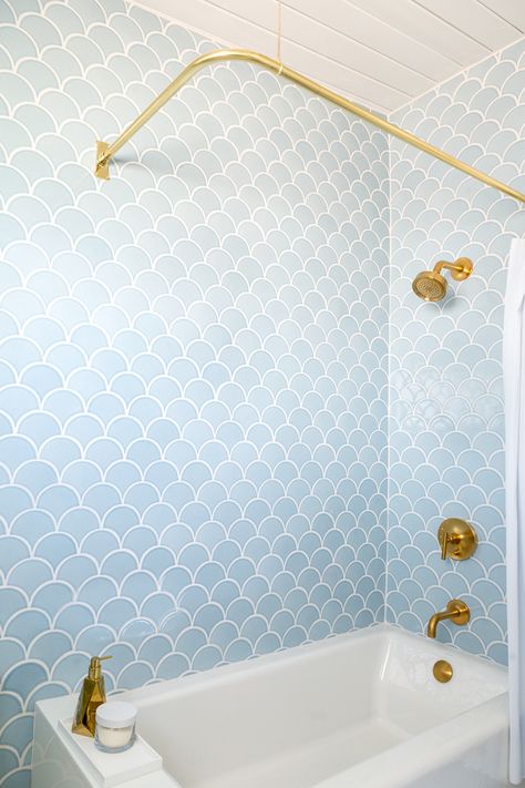 Master Bathroom Reveal - Emily Henderson Fish Scale Tile Bathroom, Blue Shower Tile, Mermaid Tile, Decor Baie, Fish Scale Tile, Mermaid Bathroom, Fireclay Tile, Bad Inspiration, Bathroom Tile Designs