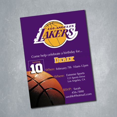 $10 Los Angeles Lakers NBA Basketball Birthday Invitation. One sided Digital File. || Etsy Shop: MeghansView Angeles, Basketball Birthday Party Invitations, Free Place Card Template, Basketball Birthday Invitations, Birthday Invitation Template Free, Basketball Birthday Parties, Awards Certificates Template, Basketball Birthday, Id Card Template