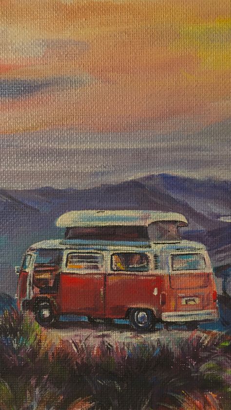 Van Life Painting, Vw Bus Painting, Vw Bus Art, Road Trip Vibes, Fork Painting, Van Painting, Vw Beatle, Vans Painted, Road Painting