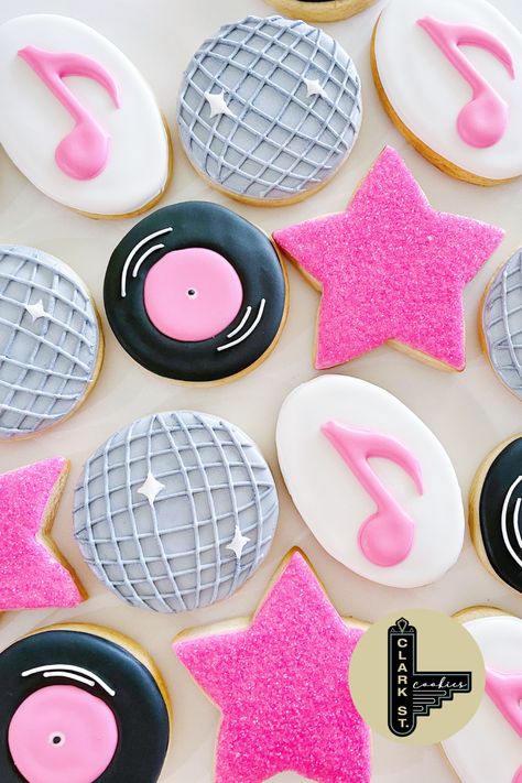 Dancing Queen Cookies Decorated, Karaoke Cookies Decorated, Dancing Queen 17 Cookies, Disco Theme Desserts, Birthday Themes Disco, Disco Rodeo Cookies, Disco Party Cupcakes, Preppy Disco Birthday Party, Disco Cupcakes Ideas