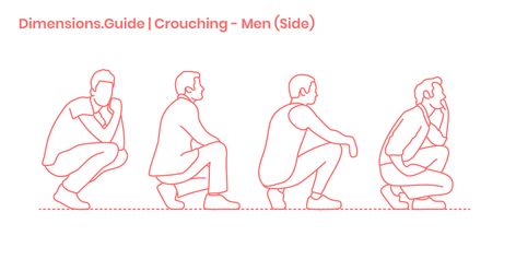 Crouching - Men (Side) Dimensions & Drawings | Dimensions.com Man Bending Over Pose Reference, Person Crouching Down Reference, Scraped Knees Drawing, Man Crouching Pose Drawing Reference, Sneaking Pose Reference, Person Crouching Reference, Person Crouching, Posture Drawing, Space People