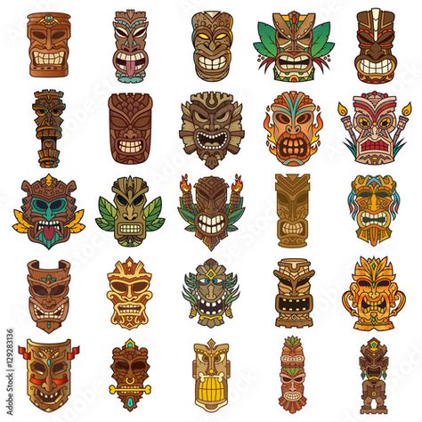 Stock Image: Colorful Tiki Head Design Set Tiki Maske, Totem Tiki, Deco Surf, Tiki Tattoo, Tiki Faces, Tiki Man, Tiki Head, Tiki Statues, Tiki Totem