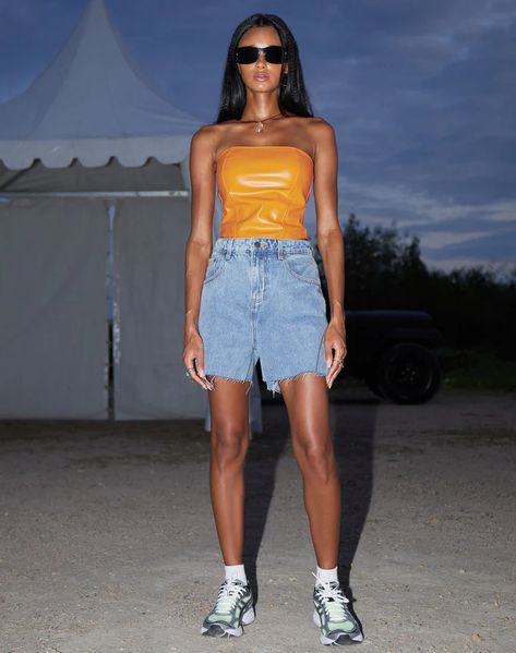 FESTIVAL – Page 6 – motelrocks-com-us Crop Top Outfits, Orange Crop Top Outfit, Cropped Outfits, Orange Crop Top, Orange Shorts, Black Butterfly, Body Con Skirt, Bandeau Top, Denim Outfit