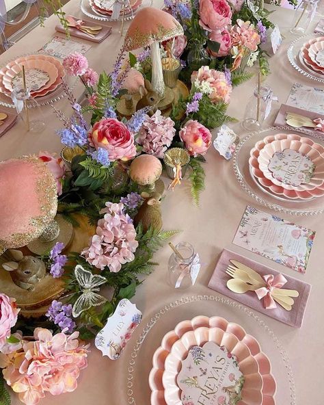 Pink Purple Blue Butterfly Party, Fairy Birthday Table Set Up, Fairy First Birthday Party Table Decor, Fairy Themed Drinks, Fairy Garden Birthday Theme, Fairy Dinner Party Aesthetic, Garden Fairy Tea Party, Fairy Theme Centerpieces, Garden Butterfly Birthday Party