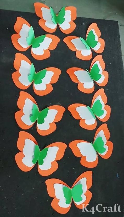 100+ DIY Craft Ideas for India Independence Day & Republic Day • K4 Craft Indipandans Day Craft Ideas, Tricolor Craft Independence Day, Board Decoration For Navratri, Tricolour Butterfly Craft, Tiranga Decoration Ideas, Craft For 15th August, Art And Craft Board Decoration, Independents Day Decoration, Tiranga Craft Idea