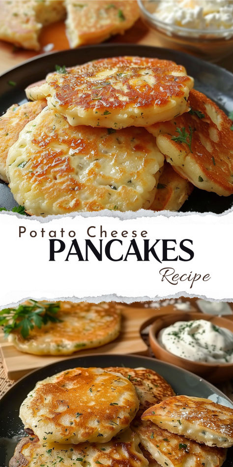 Experience comfort food at its finest with our Potato Cheese Pancakes. Crispy on the outside, fluffy on the inside, and packed with cheesy goodness! 🥔🧀 #ComfortFood #PotatoCheesePancakes #SavoryTreats #HomemadeGoodness #BrunchIdeas Potato Cheese Pancakes, Pancakes Crispy, Potatoes Pancakes, Cheese Pancakes Recipe, Potatoes And Cheese, Simply Potatoes, Potatoe Pancake Recipe, Potato Cheese, Savory Waffles