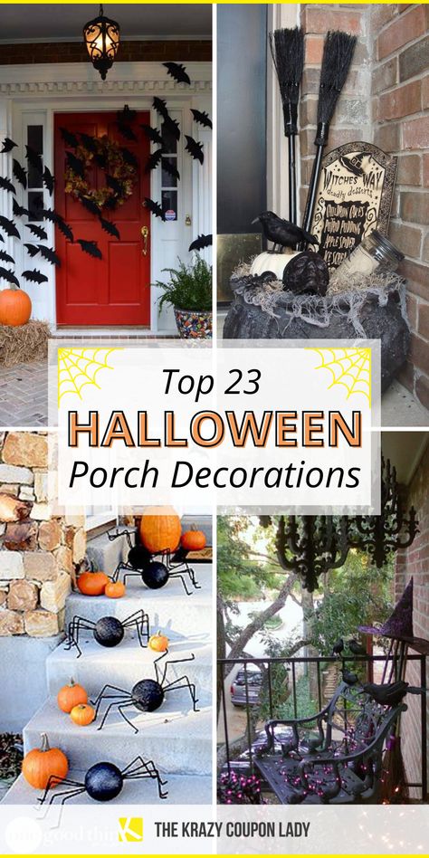 Looking for the best ideas for Halloween porch decorations? Whether you have a small porch or large outdoor space to decorate for Halloween, these DIY Halloween decorations will blow away your trick or treaters & neighbors! Halloween front porch decor can be easy & cheap with these tips & ideas rounded up by The Krazy Coupon Lady. Get spooky with your front porch Halloween decor or fall decorations this year with the best ideas on the internet! Spooky Porch Ideas, Bats On Porch Halloween, Small House Halloween Decor Outdoor, Halloween Bat Decorations Outdoor, Decorating Porch For Halloween, Diy Halloween Decorations Front Porch, Easy Halloween House Decorations, Decorating Outside For Halloween, Do It Yourself Outdoor Halloween Decorations