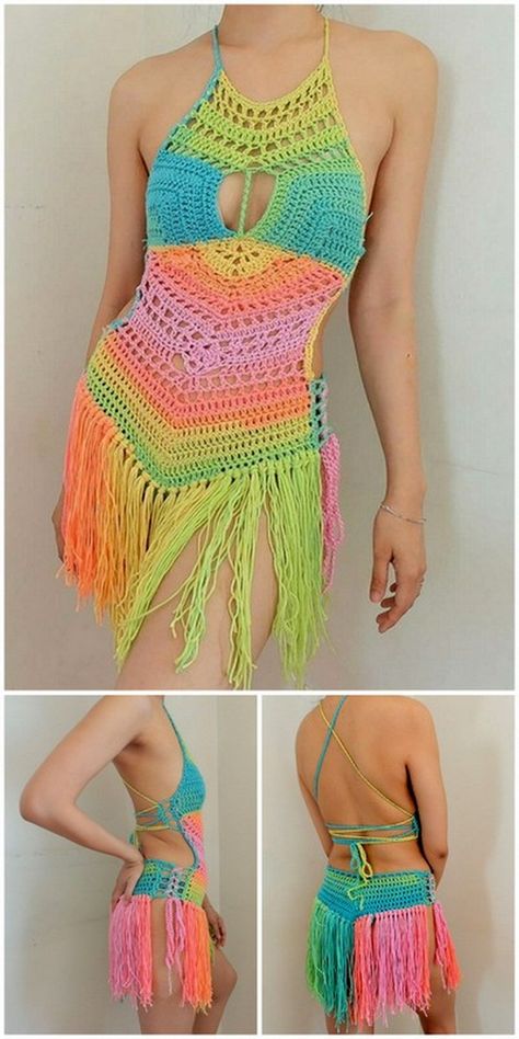 Free Crochet Festival Patterns, Crochet Rave Top Pattern, Crochet Top Fringe, Crochet Crop Top Pattern Free Summer, Festival Crochet Patterns Free, Crochet Dance Wear, Crochet Fringe Dress, Crochet Party Outfit, Crochet Festival Clothes