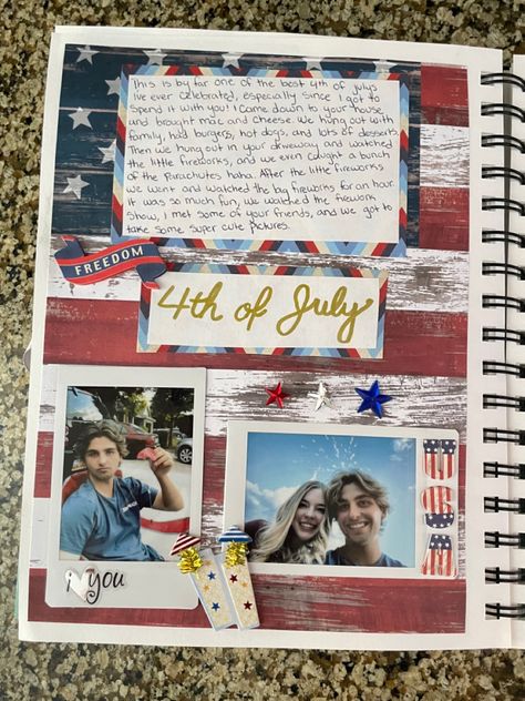 July Scrapbook Page, 4th Of July Scrapbook Pages, Scrapbook Ideas Holiday, Couples Adventure Book, Relationship Scrapbook Ideas Boyfriends Pages, Scrapbook Page Ideas For Boyfriend Anniversaries, Scrapbook Ideas For Anniversary, Movie Scrapbook Page, Partner Scrapbook