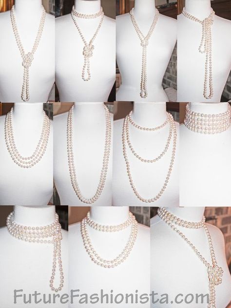 So many pearls... so little time! Wear them Layered, twisted, knotted, tied, wrapped and pinned. Ideas for your 72" strand: http://futurefashionista.com/wh8mmfrpe72s.html Look Gatsby, How To Wear Pearls, Pearl Rope, Bijoux Art Deco, Flapper Costume, Necklace Outfit, Great Gatsby Party, Idee Cosplay, Wear Pearls