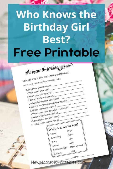 Who Knows the Birthday Girl Best Free Printable - New Mom at 40 Printables Sweet 16 Printables Free, Free Printable Birthday Games, How Well Do You Know The Birthday Girl, Who Knows The Birthday Girl Best, Sweet 16 Games, Birthday Questions, Birthday Quiz, Birthday Games For Kids