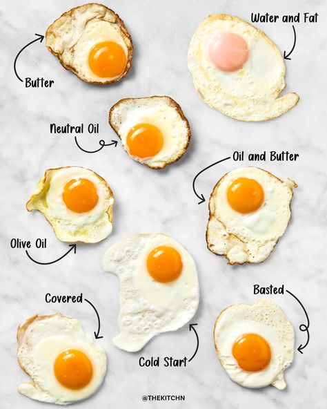 overhead shot of eight different eggs fried using different methods on a marble surface Fry An Egg, Perfect Fried Egg, Best Egg Recipes, Egg Hacks, Ways To Cook Eggs, Egg Fast, Fried Eggs, Egg Dish, African Violet