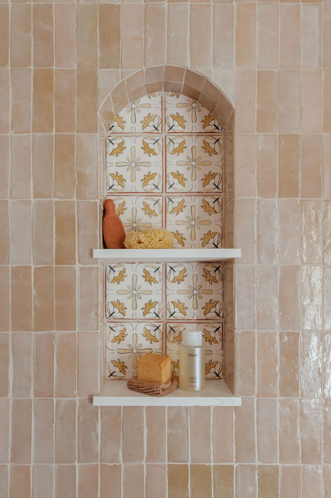 arched shower niche, shower tile, zellige tile, zia tile, tabarka tile, shower shelf, neutral shower tiles, bathroom renovation, bathroom, bathroom shower, shower ledge California Bathroom Style, Emily Pueringer, Adobe Bathroom, Mediterranean Bathrooms, Tile Bathrooms, Dekorere Bad, Vermont House, Condo Bathroom, Bathrooms Ideas