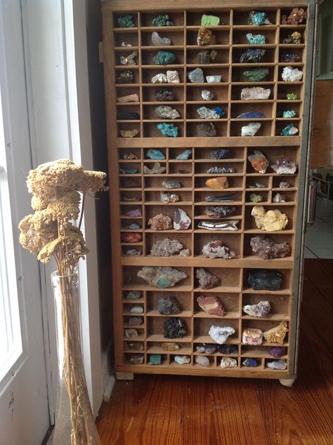 Shelves For Rocks, Rock Holder Ideas, Rock Collection Display Jars, Rock Displays Ideas, Trinket Storage Ideas, What To Do With Rock Collection, Polished Rock Display Ideas, Outdoor Rock Collection, Ways To Display Crystals Rock Collection