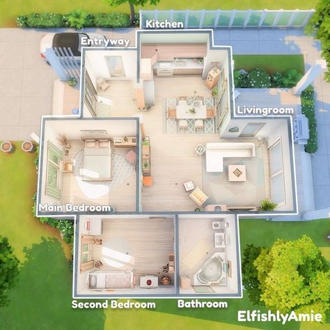 Bloxburg Two Bedroom House Layout, Sims4 Layout Floor Plans, Cute Small House Layout, Cute Sims 4 Houses Floor Plan, One Story Sims House Layout, Sims Free Play House Ideas 1 Floor, Small Sims House Layout, Small House Sims 4 Floor Plans, Sims Starter Home Floor Plans