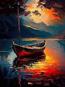 Boat Painting Abstract, Boat Painting Acrylic, Paint By Number For Adults, Boat Pattern, Painting For Adults, Number Painting, Molduras Vintage, Sunset Boat, Easy Landscape Paintings