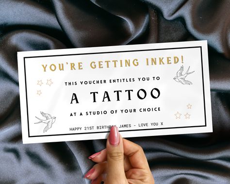 Tattoo Voucher, Birthday Voucher, Tattoo Ticket, Custom Tickets, Gift Voucher Design, Card Tattoo Designs, Birthday Tattoo, Voucher Design, Foil Prints