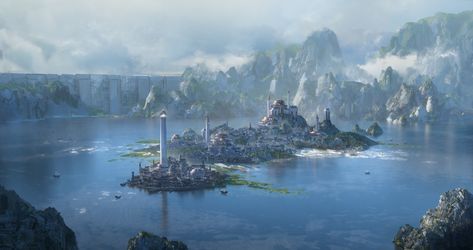 ArtStation - Alchemy RPG - Lake City, Leon Tukker Image Painting, Fantasy Castle, Fantasy City, Fantasy Places, Fantasy Setting, Futuristic City, Landscape Scenery, Fantasy Concept Art, Fantasy Art Landscapes