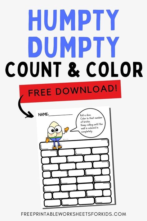 This simple learning to count Humpty Dumpty activity contains a whole host of preschool math skills. Using a traditional dice will encourage them to subitize while the printable dice included with this free nursery rhyme printable will allow them to master recognizing and counting to 6. #nurseryrhymeactivity #humptydumptyactivity #preschoolmathcenter #countinggames #learningtocount #countingto6 Humpty Dumpty Activities Preschool, Nursery Rhyme Math Activities, Nursery Rhyme Math, Humpty Dumpty Activities, Free Nursery Rhymes, Humpty Dumpty Nursery Rhyme, Nursery Rhyme Crafts, Preschool Math Centers, Preschool Math Games