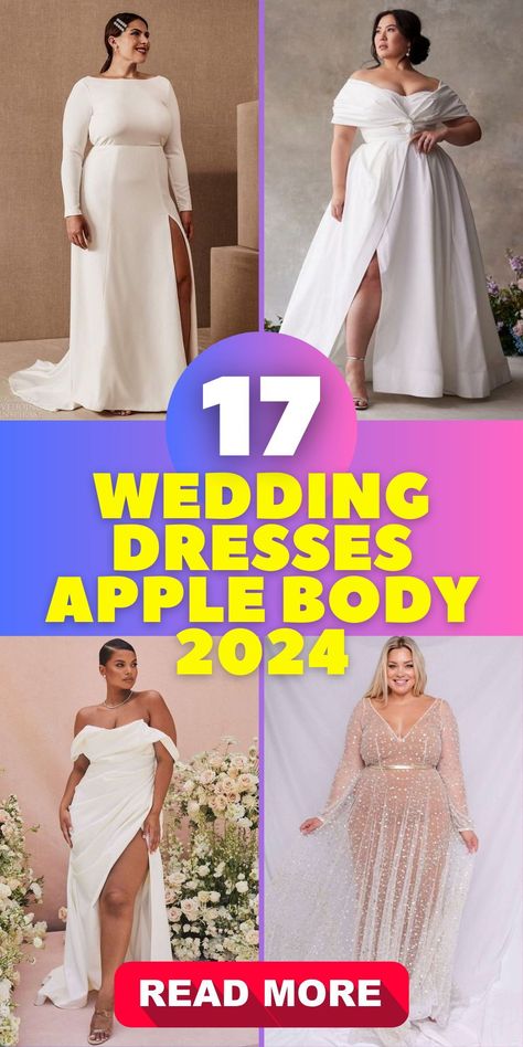 Modern Simple Wedding Dresses Apple Body 2024: This 2024 collection of modern simple wedding dresses is designed for apple body shapes. It includes styles for plus size brides and options suitable for a petite frame. The range showcases a variety of shapes and types, from elegant lace to boho chic, ensuring every shaped woman finds her perfect dress. Wedding Dress For Plus Size Body Types, Plus Size Apple Shape Wedding Dress, Apple Wedding Dress, Wedding Dresses For Plus Size Women Body Types, Wedding Dress For Big Stomach, Wedding Dresses Plus Size Simple, Wedding Gown For Pear Shape Brides, Plus Size Wedding Dresses 2024, Apple Body Shape Wedding Dress