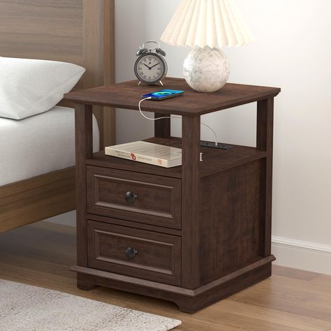 PRICES MAY VARY. 【Fast Charge Station】This bedroom end table with 18w fast charging can short the charging time by 2 times compare compared to a 10w. This nightstand comes with 2 standard AC power outlets, 1*PD Type-C USB port, 1*QC(3.0), and 1* USB port. No need to worry about finding your fast charger. 【Crafted for Multi-item】 Large desktop dimensions (18 "L x 18 "W ) with a 2 chest of drawers to keep organized. Open compartments for organizing books, ornaments, and all kinds of electronics to Nightstand Charging Station, Bedside Table With Drawers, Tall Nightstand, Organizing Books, Charge Station, Shelf For Bedroom, Bedroom End Tables, Wood Storage Cabinet, Tall Nightstands