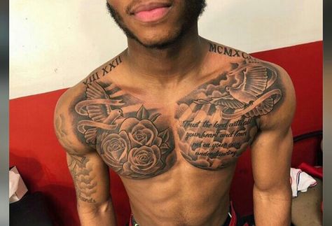 Cloud Tattoo Chest For Men, Male Chest Piece Tattoo, Rose Chest Tattoo Men Ideas, Men’s Word Chest Tattoo, Cover Up Tattoos For Men Chest, Chest Tattoo Rose, Chest To Shoulder Tattoo Men, Cloud Chest Tattoo Men, Right Chest Tattoo Men