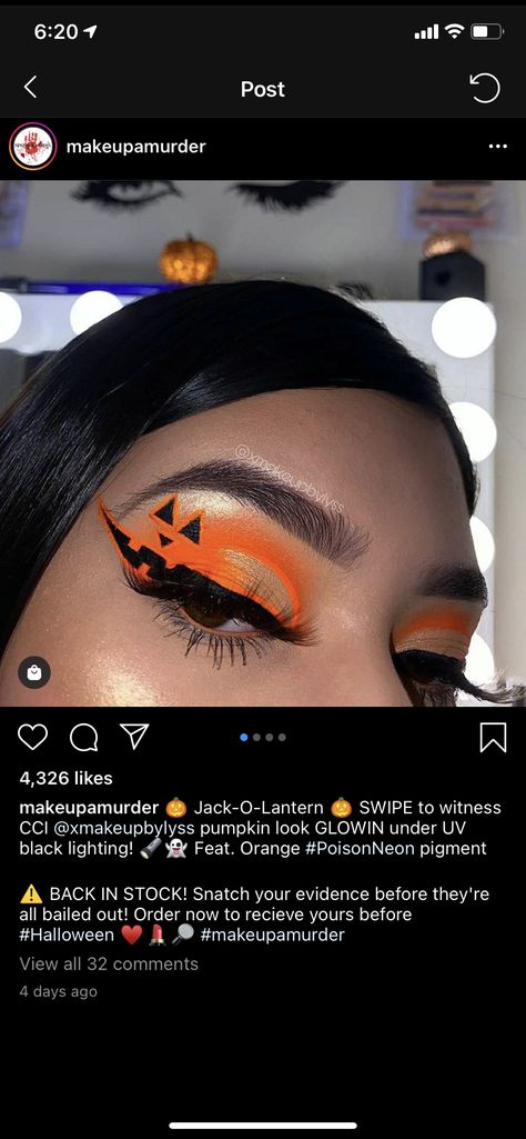 Jack O Lantern Eye Makeup, Halloween Theme Eyeshadow, Orange Halloween Eye Makeup, Teacher Halloween Makeup, Orange Halloween Makeup Looks, Black And Orange Halloween Makeup, Pumkin Makeup Eye, Halloween Makeup Eye Looks, Halloween Inspired Eyeshadow