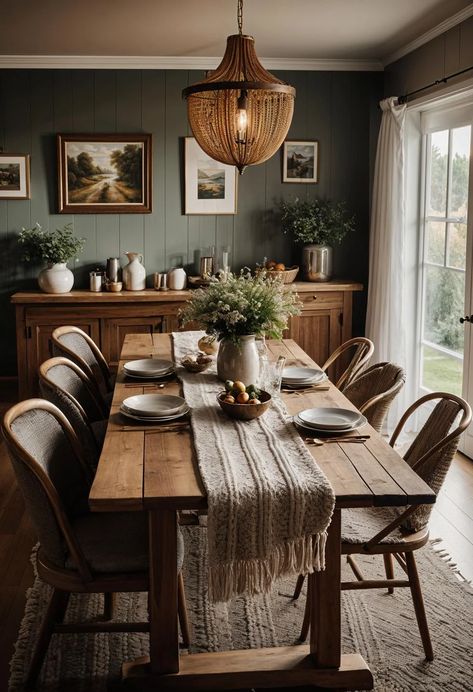 20 Chic Dining Room Ideas To Copy 7 Main Dining Room Ideas, Rustic Style Dining Room, Formal Dining Room Off Kitchen, Cosy Dining Room Ideas Small Spaces, Boho Rustic Dining Room, Green Cottage Dining Room, Dining Zone Living Rooms, Dark Cottage Dining Room, Green Black Wood Dining Room