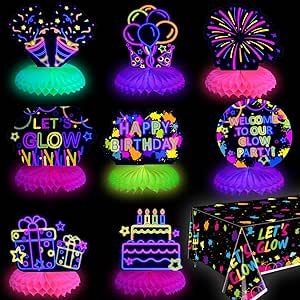 10 Pieces Glow in The Dark Party Table Decorations, Neon Table Honeycomb Centerpiece and Let's Glow Tablecloths Set - Black Light Table Topper Neon Decorations for Kids Glow in Dark Party Supplies Neon Table, Neon Decorations, Honeycomb Centerpiece, Glow Table, Balloon Glow, Glow In Dark Party, Glow In The Dark Party, Glow Party Supplies, Party Table Centerpieces