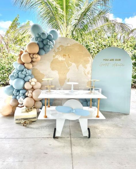 What A Wonderful World 1st Birthday, Travel Theme Decor Party, Airline Party Decorations, Travel Decor Ideas Party, The Greenspring Home, New Adventure Party, Adventure Awaits Backdrop, Adventure Awaits Balloon Arch, Precious Cargo Baby Shower Theme Decor