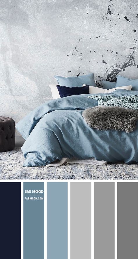 There is a lot to love about this beautiful dusty blue and grey bedroom, from the dusty blue bedding set to the interesting grey... Blue And Grey Bedroom, Grey Colour Scheme Bedroom, Grey Bedroom Colors, Beautiful Bedroom Colors, Wedding Color Palettes, Craft Spaces, Themes Wedding, Blue Bedding Sets, Colors Wedding