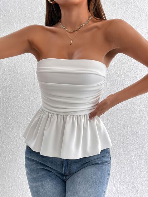 Free Returns ✓ Free Shipping On Orders $49+ ✓. SHEIN PETITE Ruched Backless Peplum Tube Top- Women Tops at SHEIN. White Peplum Top Outfit, White Tube Top Outfit, Peplum Top Outfits, White Tops Outfit, Tube Top Outfits, Outfit Elegantes, White Tube Top, White Peplum Tops, Sunday Outfits