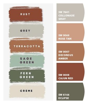 Fern Green Paint Colors, Sherwin Williams Boho Colors, Colors That Go With Terra Cotta, Earth Tones Color Palette, Farmhouse Color Palette, Rustic Color Palettes, Earth Tone Color Palette, Room Colours, Color Pallettes