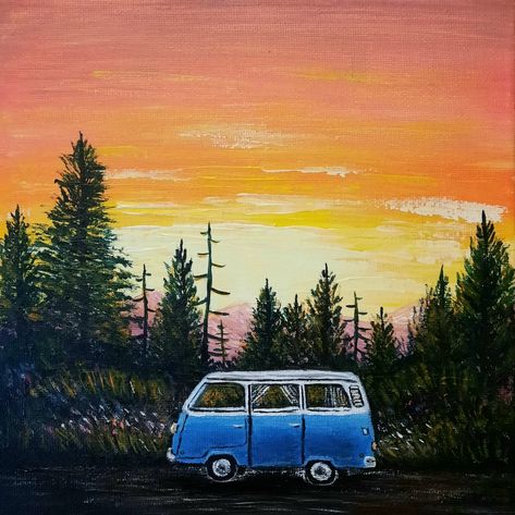 #minivan #van #acrylicpainting #painting #DIY #car #traveling #travel #karavan #hippie #sunset #forest #trees #chill #paradise #mountains Road Trip Painting, Acrylic Painting Mountains, Canvas Painting Sunset, Volkswagen Bus Art, Sunrise Drawing, Painting Mountains, Road Painting, Bus Art, Painting Halloween