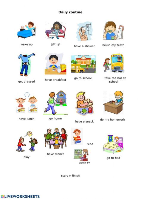 Ficha online de Daily routine actions para A1. Puedes hacer los ejercicios online o descargar la ficha como pdf. Daily Routine Pictures, Daily Routine Flashcards, Aba Visuals, Daily Routine Worksheet, Daily Routine Kids, Daily Routine Activities, English Activities For Kids, Art Kits For Kids, Asl Sign Language