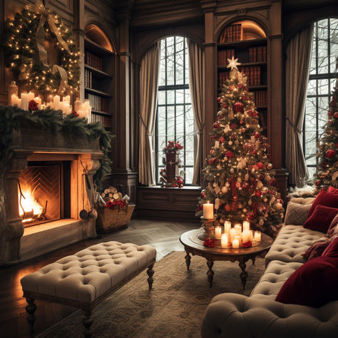 Christmas By The Fireplace, Victorian Living Room Christmas, Christmas Decorated Living Room, Moody Vintage Living Room, Cozy Castle, Christmas Palace, Moody Atmosphere, Christmas Castle, Atmospheric Perspective