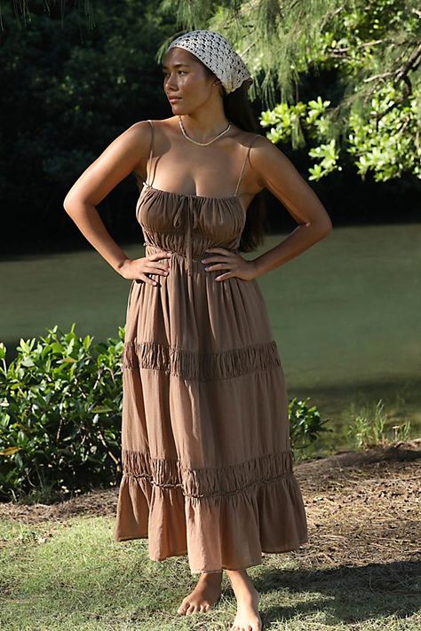 Just as effortless as it is versatile, this wear-everywhere maxi from our free-est collection is featured in a billowy, tiered silhouette with smocked detailing at the bodice and front tie detailing for added dimension. * Open back design * Adjustable, tie-back style * Lined | Taking Sides Maxi Dress by free-est at Free People in Brown, Size: S Summer Dresses Maxi Sundresses, Pregnancy Fashion Spring, Closet Upgrade, Summer Work Dresses, Bright Colors Fashion, Sundress Outfit, Brown Maxi Dresses, Beachy Dresses, Boho Clothes