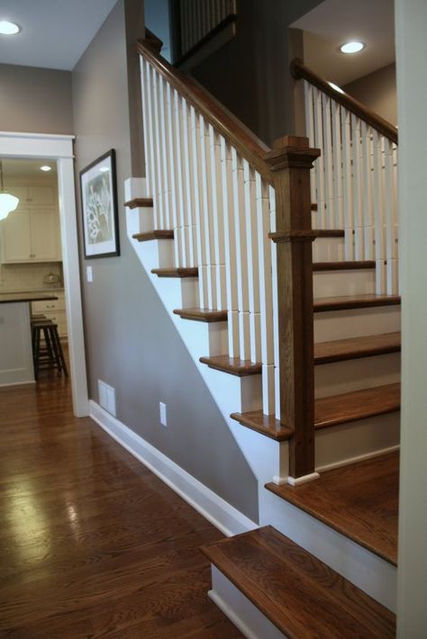 Staircase with white trim and dark woods Craftsman Stairs, Modern Craftsman House, Dark Floors, Modern Craftsman, Craftsmen Homes, House Stairs, Craftsman House, White Paint, Home Reno