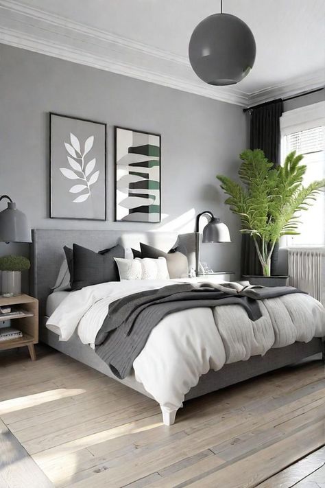 Experience the precise aesthetic and furnishings in your personal area using AI HomeDesign with just one effortless click!bed, white, gray, comforter, charcoal, silver, striped, walls, serene, bedroom, black, monochromatic, dark, Scandinavian, popular, apartment#BedroomInspo #GreyDecor #SereneSpace #ScandiStyle #MonochromeMagic #DarkMoodyVibes #BlackWalls #InteriorDesignGoals #AIHomeDesign #PhotorealisticRoom Grey Walls Bedroom Decor Ideas, Black Gray White Bedroom Aesthetic, Organisation, Gray Room Inspo Aesthetic, Dark Gray Focal Wall Bedroom, Bedroom Inspirations Grey And Black, Bedroom With Gray Walls Ideas, Black White Grey Silver Bedroom, Black And Silver Bedroom Ideas Decor