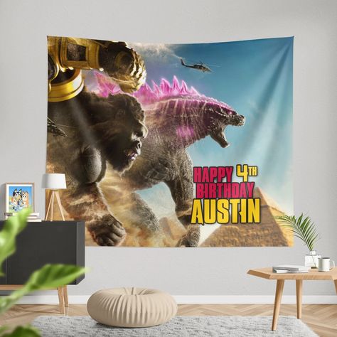 Planning a birthday bash for your little monster fan? Look no further than our awesome Kong X Godzilla Movie birthday banner! The Perfect Party Starter for Kaiju Fans -This epic banner, featuring the iconic titans Kong and Godzilla, instantly sets the scene for an unforgettable celebration. It's a surefire way to get your little kaiju enthusiast and their friends excited for a day of monstrous fun! Make it Their Own Kaiju Celebration -Make the celebration truly special by personalizing the ... Godzilla Decorations, Kong And Godzilla, Godzilla Movie, Godzilla Birthday, Party Starters, Happy 4th Birthday, Movie Birthday, Little Monsters, Sit Back And Relax