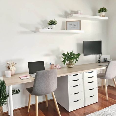 10+ Creative Two-Desk Office Ideas To Create A Functional Workspace – Decor Dojo Small Office Ideas Two Desks, Desk Setup For Two People, Large 2 Person Desk, Two People Home Office Layout, Office Room Two Desks, Modern Workspace Home, Duel Office Ideas, 2 Desk Home Office Ideas, 2 Office Desk In One Room