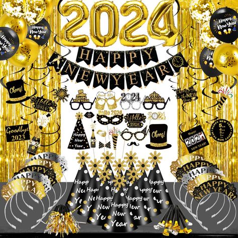 PRICES MAY VARY. 2024 New Year's event supplies: incl. 1* black gold happy new year banners, 10* party hats, 10* tiaras, 2* golden foil fringe curtain, 1*2024 foil number balloons, 11* hanging swirls with new year pattern card, 16* photo booth props, 10* squawkers, 10* musical blow outs, 12* 3 colors new year theme balloons, Enough to decorate and support a great New Years Eve Party! Durable material: Happy New Years banner and hats are made of metallic foil and quality card stock, not fragile a Nye Party Decorations, Halloween Birthday Party Decorations, Foil Fringe Curtain, Cone Hats, Foil Number Balloons, Happy New Year Banner, New Year Decorations, Curtain Hanging, New Year Banner