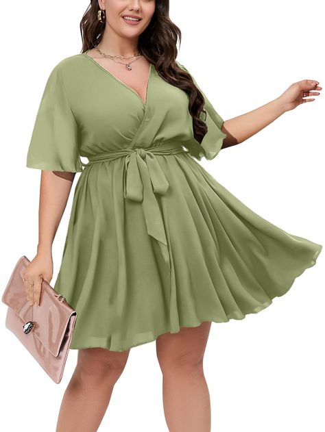 PRICES MAY VARY. Material: Plus size skater dress for women is made of soft, lightweight and flowy fabric to keep you relaxed all the day. The belted cute dress would make a nice addition to your wardrobe, remember not only wear it for once Show Your Feminine: The plus size summer dress's style is deep v neck short sleeve a line short dress, elegant and sexy. Together with the design of ruffle sleeves,waist belt and flowy skater hem,which gives the plus size dresses for curvy women a personality Cute Flowy Dresses Short, Cottagecore Plus Size Outfit, Apple Shape Outfits Summer, Cloud Clothes, Professional Summer Outfits, Black Wedding Guest Dress, Casual Wedding Outfit Guest, Short Dress Elegant, Summer Dresses Short