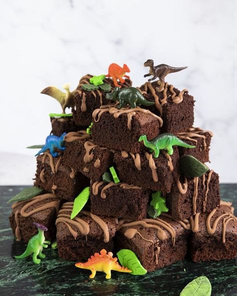 Dinosaur Brownie Cake, Dino Dessert Ideas, Dino Party Treats, Dinosaur Lava Cake, Dino Brownies, Dinosaur 2 Birthday Party, Space Dinosaur Birthday Cake, Summer Dinosaur Birthday Party, Dinosaur Birthday Dessert Table