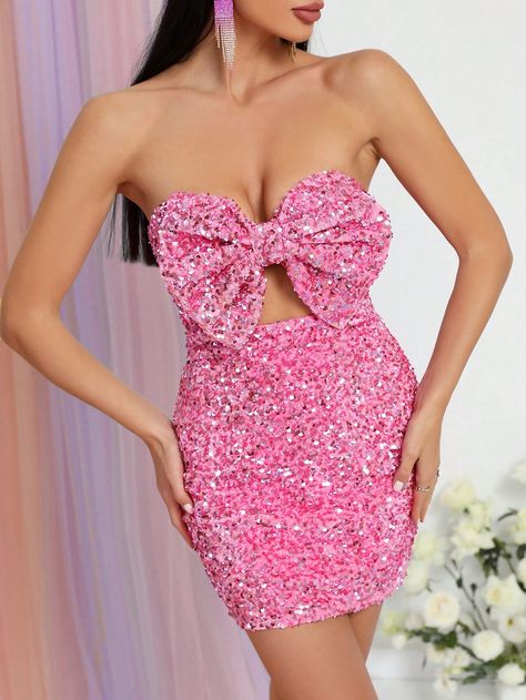 Pink Party Collar Sleeveless Sequins Plain Bodycon Embellished Medium Stretch  Women Clothing Xmas Party Outfits, Heart Cut Out, Dress Birthday, Pink Party, Pink Sequin, Barbie Dress, Sequin Mini Dress, Fancy Outfits, Homecoming Dress