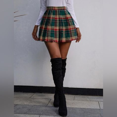 Plaid Print Skirt, Preppy Skirt, Tartan Skirt, Rock Outfit, Printed Pleated Skirt, Moda Boho, Women Skirts, Pleated Fabric, Skirt Outfit