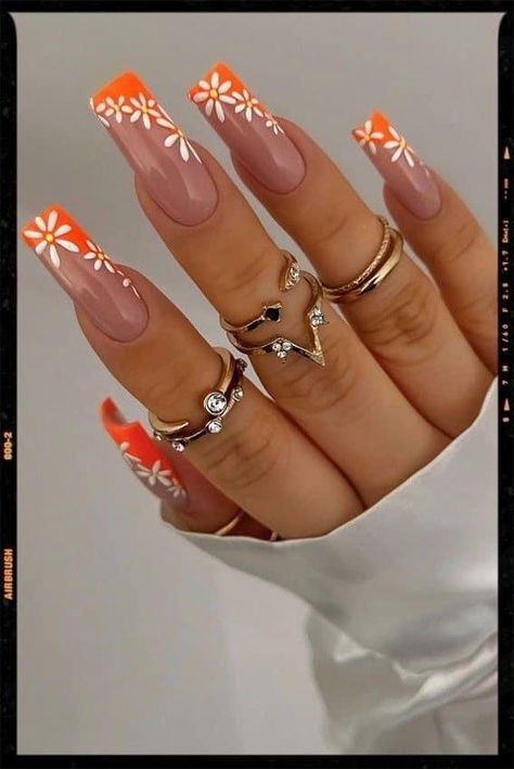 Ongles Beiges, Orange Acrylic Nails, Sassy Nails, Fancy Nails Designs, Edgy Nails, Summery Nails, Short Square Acrylic Nails, Acrylic Nail Tips, Long Square Acrylic Nails