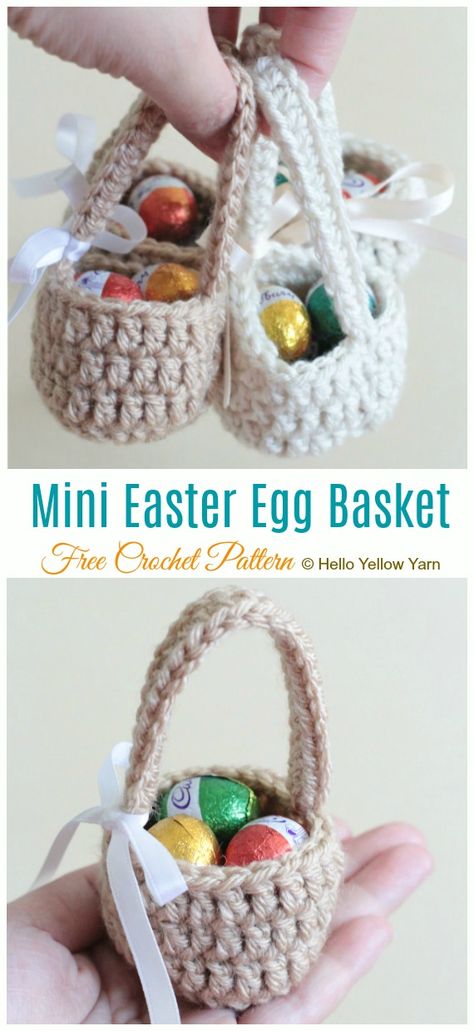 Mini Easter Egg Basket Crochet Free Pattern - Mini #Easter; Treat #Basket; Free Crochet Patterns Crochet Easter Basket Pattern, Easter Crochet Patterns Free, Easter Basket Pattern, Mini Easter Basket, Crochet Easter Basket, Treat Basket, Easter Egg Pattern, Crochet Easter, Crochet Bunny Pattern