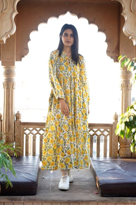 Long Midi Dress Indian, Cotton One Piece Dresses Long, Long Cotton Frocks For Women, Cotton Maxi Dress Indian, One Piece Dress Long, Block Print Dress Indian, Cotton Long Dresses, Long Gown Indian, Maxi Dress Indian