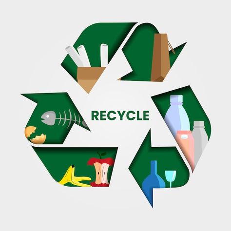 Recycling symbol with various objects th... | Premium Vector #Freepik #vector #waste-recycling #plastic-recycle #waste #plastic-waste Recycle Poster Design Creative, Recycling Design Graphic, Recycle Graphic Design, Aesthetic Recycling, Recycling Drawing, Recycling Logo Design, Recycle Drawing, 3r Reduce Reuse Recycle, Recycling Poster